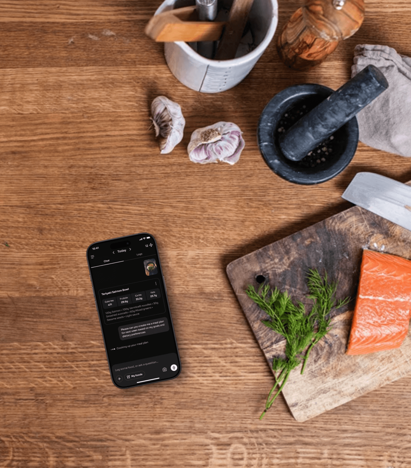 CalCoach app interface displayed in a modern kitchen setting